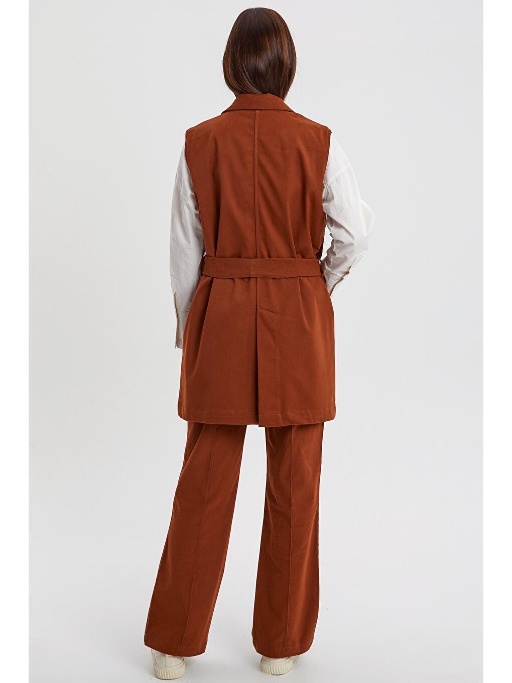 Kahverengi Açık Kahve Pamuklu Ceket Yakalı Kuşaklı Uzun Klasik Yelek-4