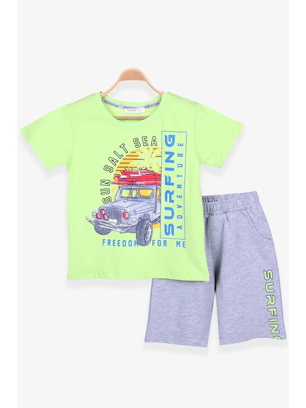 Erkek Çocuk Şortlu Takım Araba Baskılı Fıstık Yeşili (5-9 Yaş)