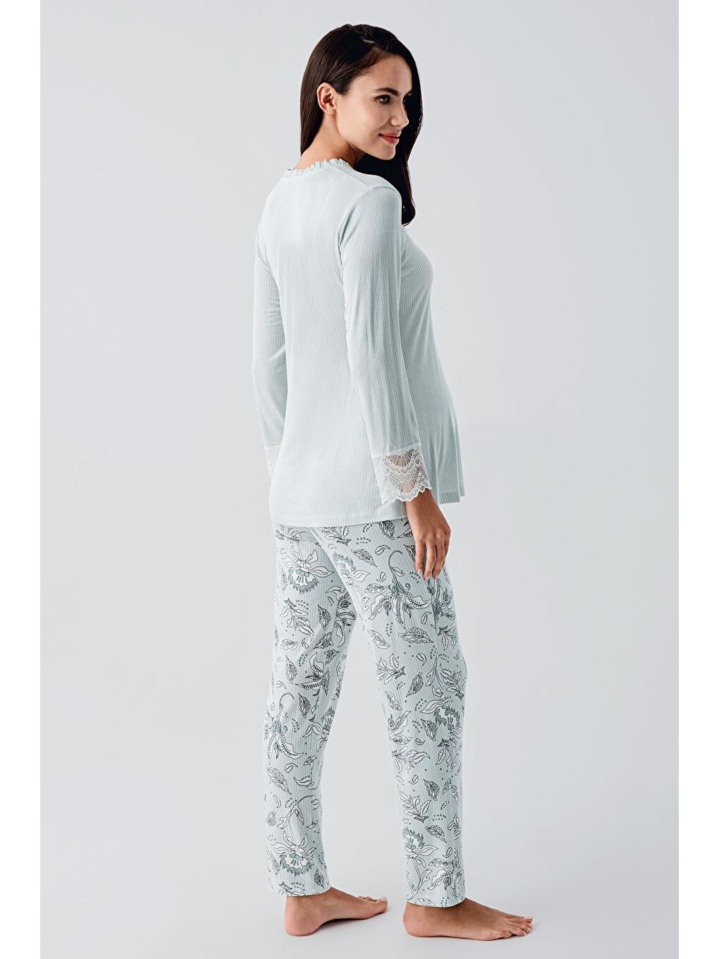 Yeşil Uzun Kollu Düğmeli Desenli Esnek Viskoz Hamile Sabahlık Pijama Takım 23100-9