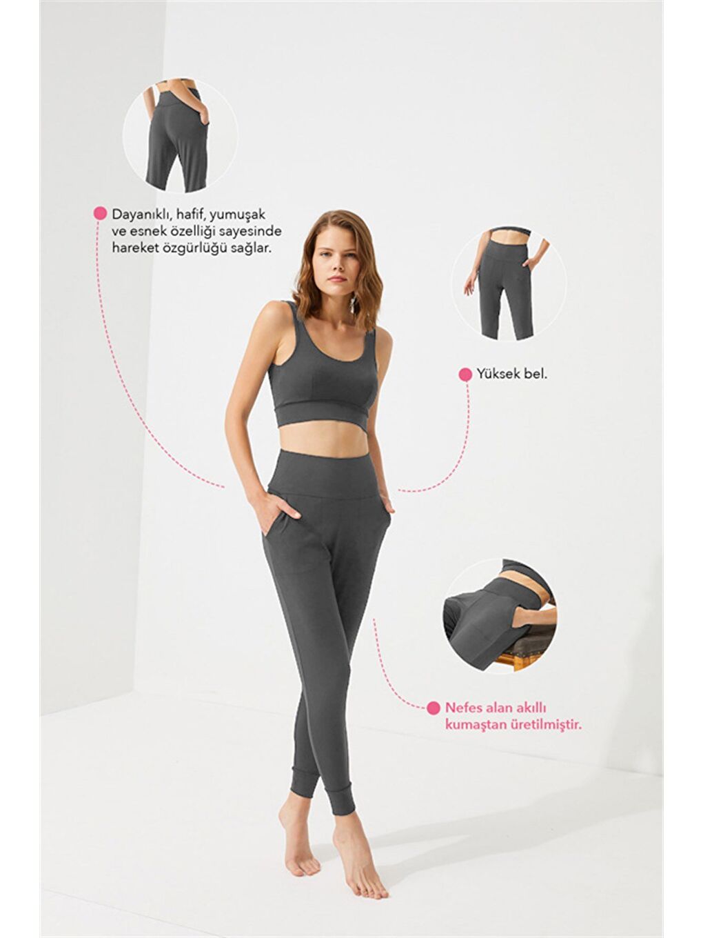 Gri Füme Yüksek Bel Çift Cepli Kadın Jogger Eşofman Altı-5