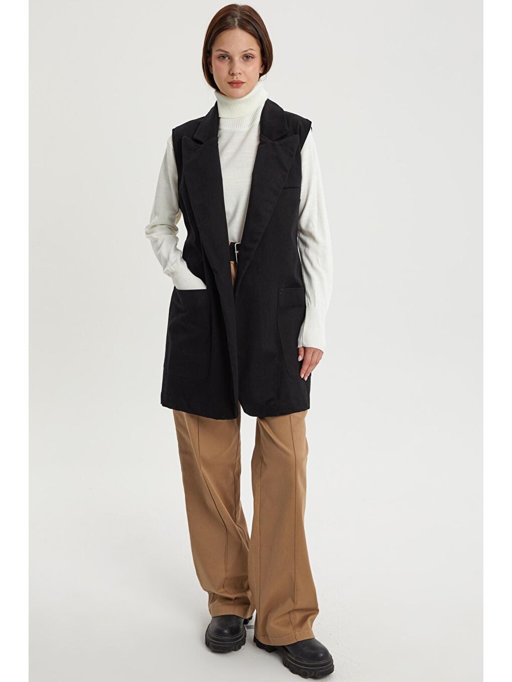Siyah Pamuklu Ceket Yakalı Kuşaklı Uzun Klasik Yelek-1