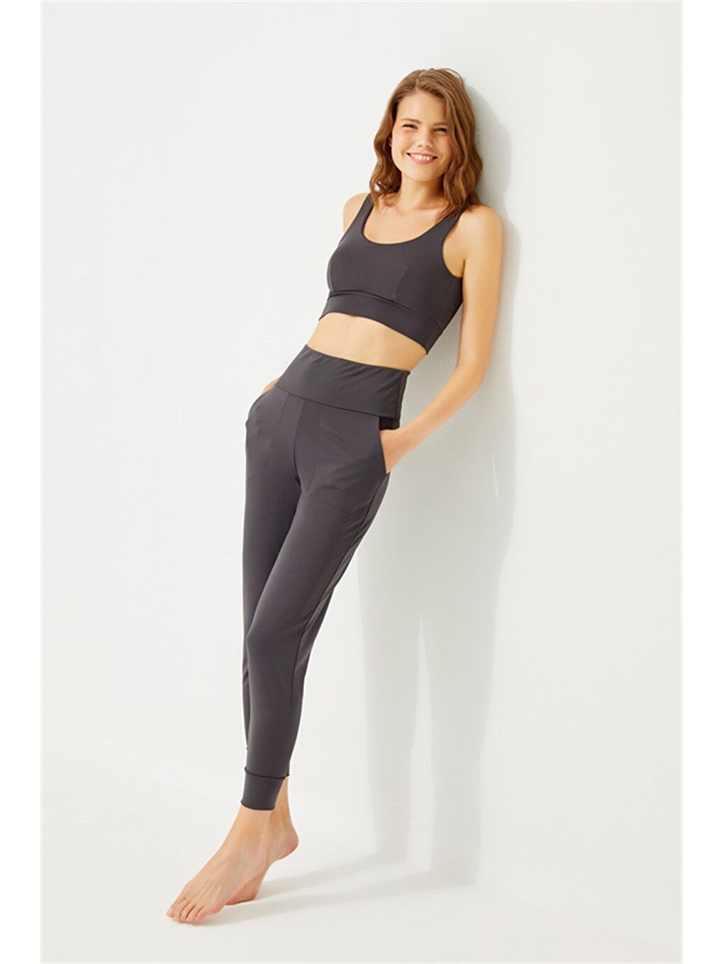 Gri Füme Yüksek Bel Çift Cepli Kadın Jogger Eşofman Altı-6