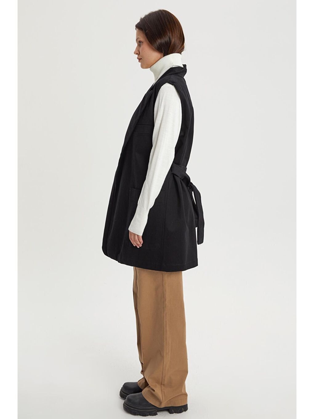 Siyah Pamuklu Ceket Yakalı Kuşaklı Uzun Klasik Yelek-2