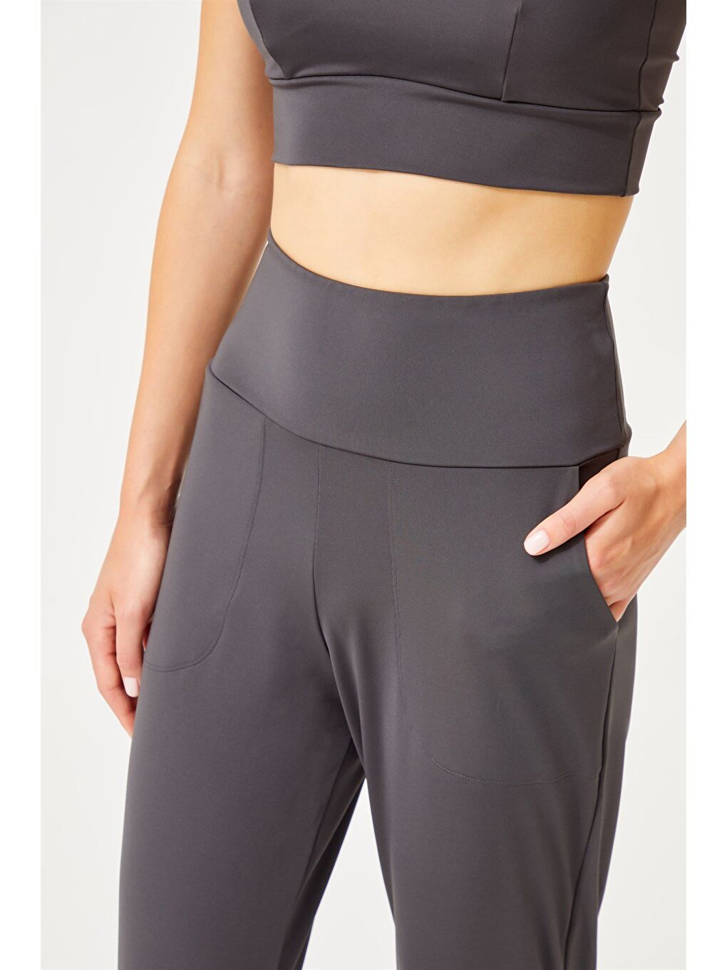 Gri Füme Yüksek Bel Çift Cepli Kadın Jogger Eşofman Altı-9