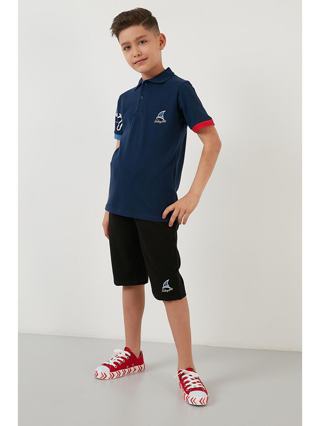 Lacivert Baskılı Elastik Bel Bantlı Polo Yaka % 100 Pamuk 2'li Alt-Üst Takım 59213423-1