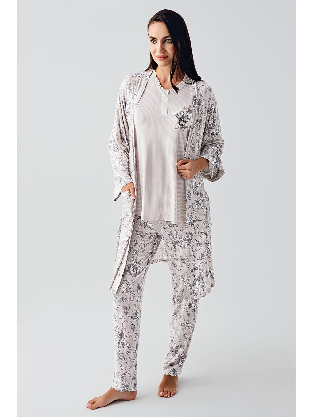 Artış Pembe Uzun Kollu Düğmeli Desenli Esnek Viskoz Hamile Sabahlık Pijama Takım 23100 - 4