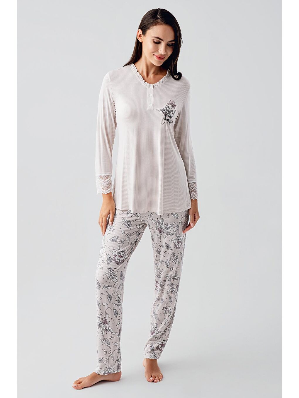 Artış Pembe Uzun Kollu Düğmeli Desenli Esnek Viskoz Hamile Sabahlık Pijama Takım 23100 - 5