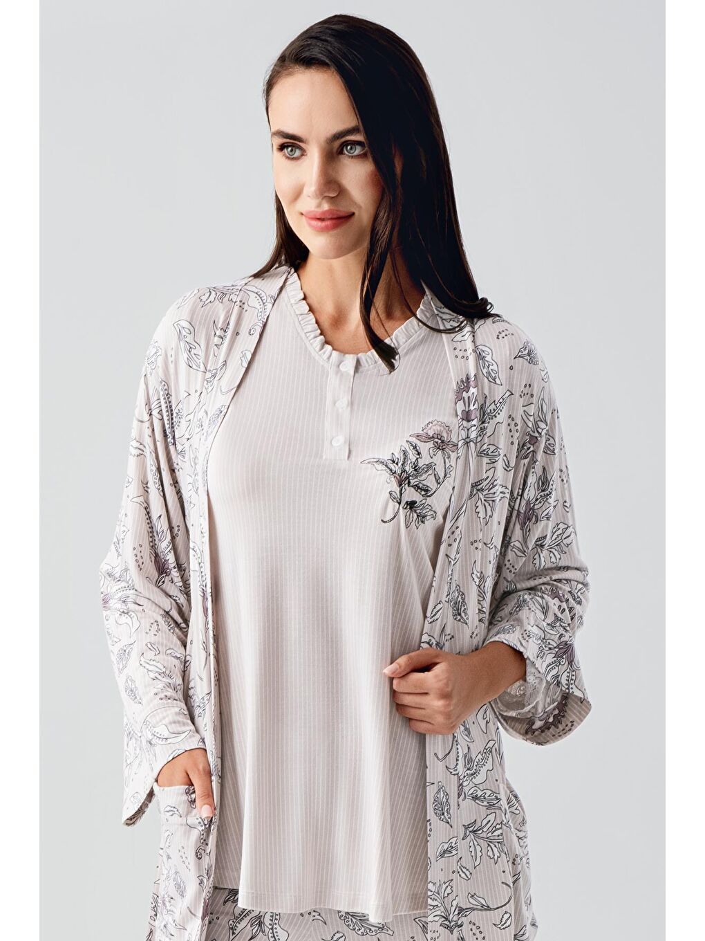 Artış Pembe Uzun Kollu Düğmeli Desenli Esnek Viskoz Hamile Sabahlık Pijama Takım 23100 - 6
