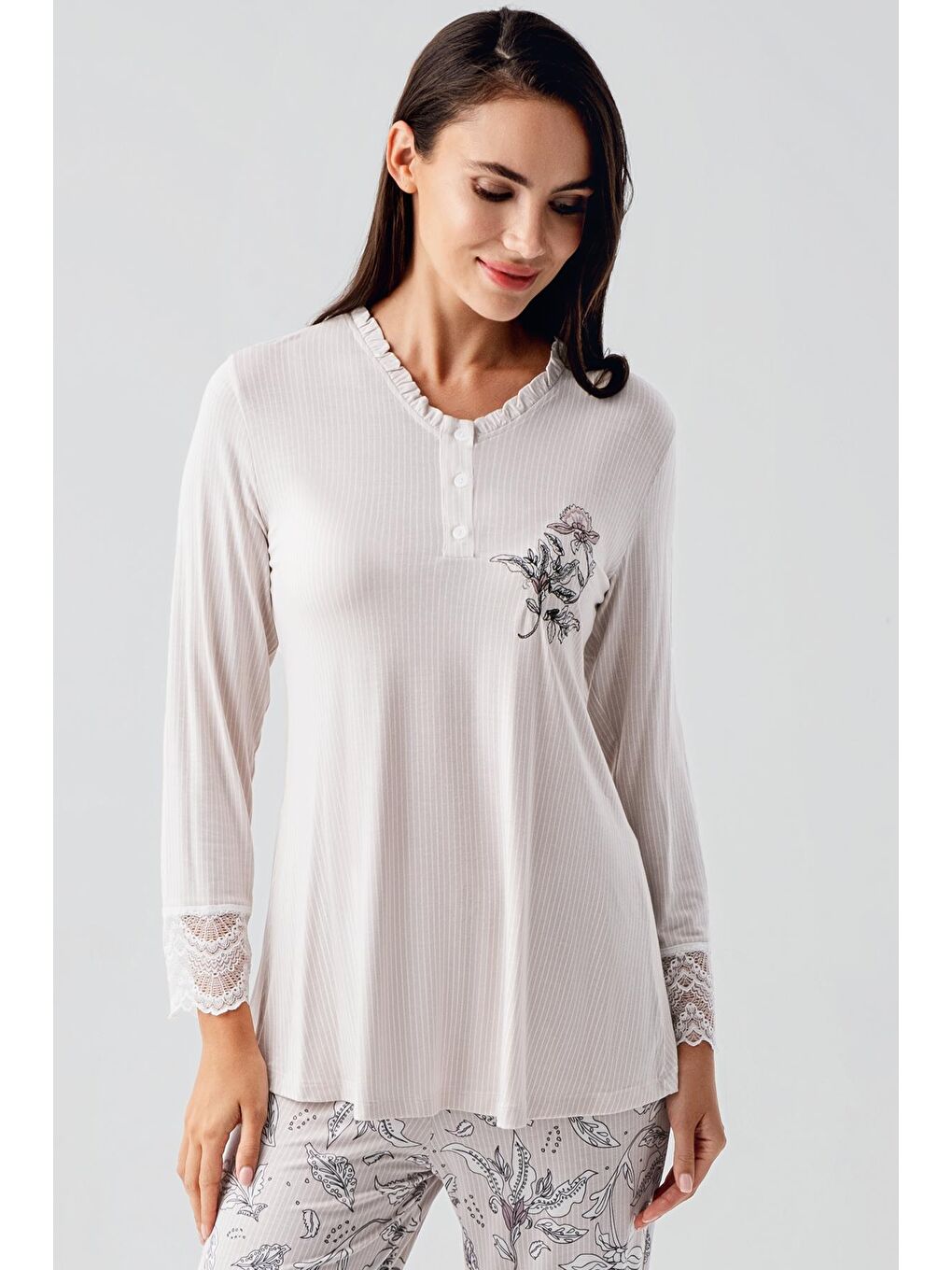 Artış Pembe Uzun Kollu Düğmeli Desenli Esnek Viskoz Hamile Sabahlık Pijama Takım 23100 - 8