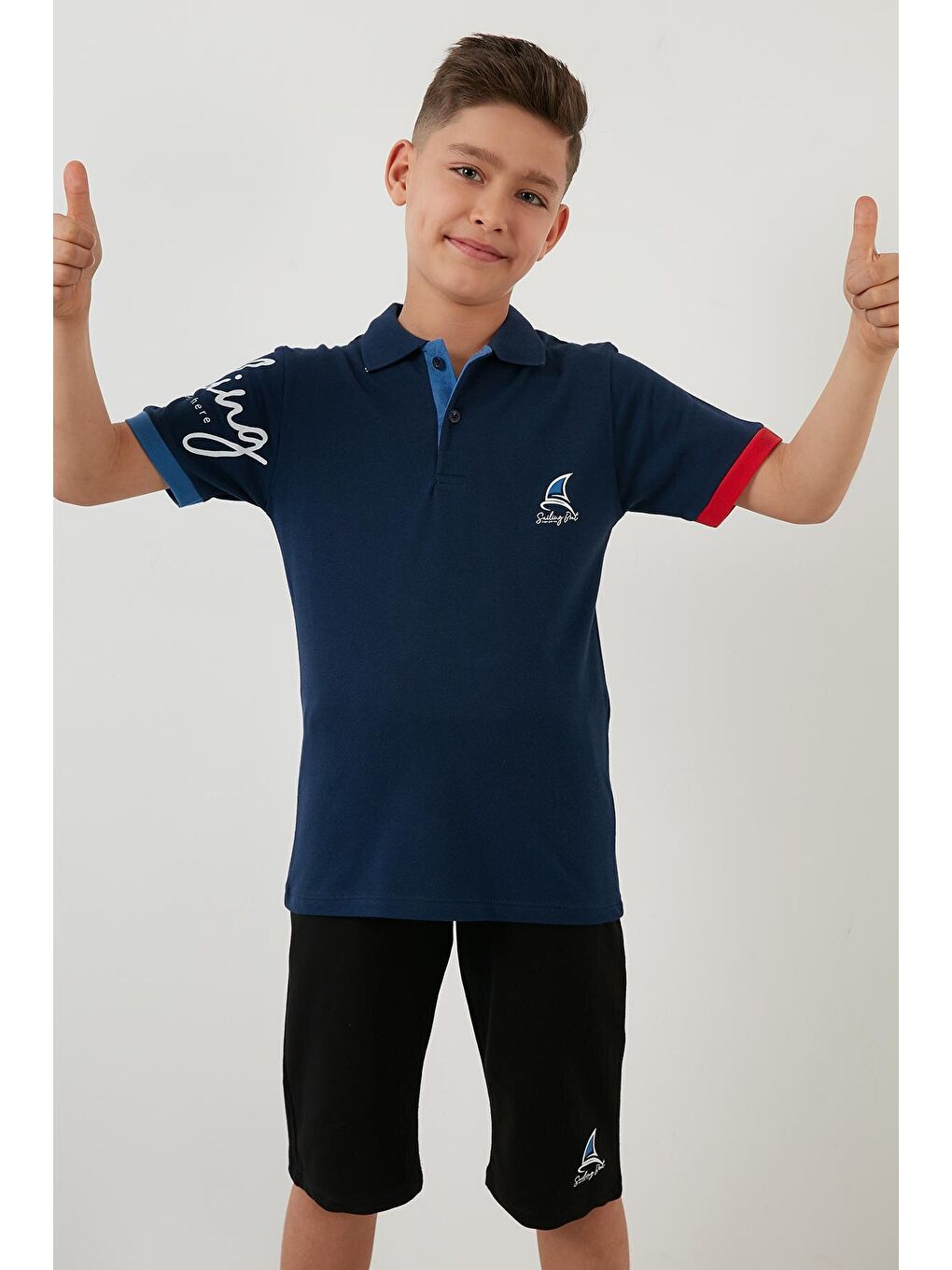 Lacivert Baskılı Elastik Bel Bantlı Polo Yaka % 100 Pamuk 2'li Alt-Üst Takım 59213423-2