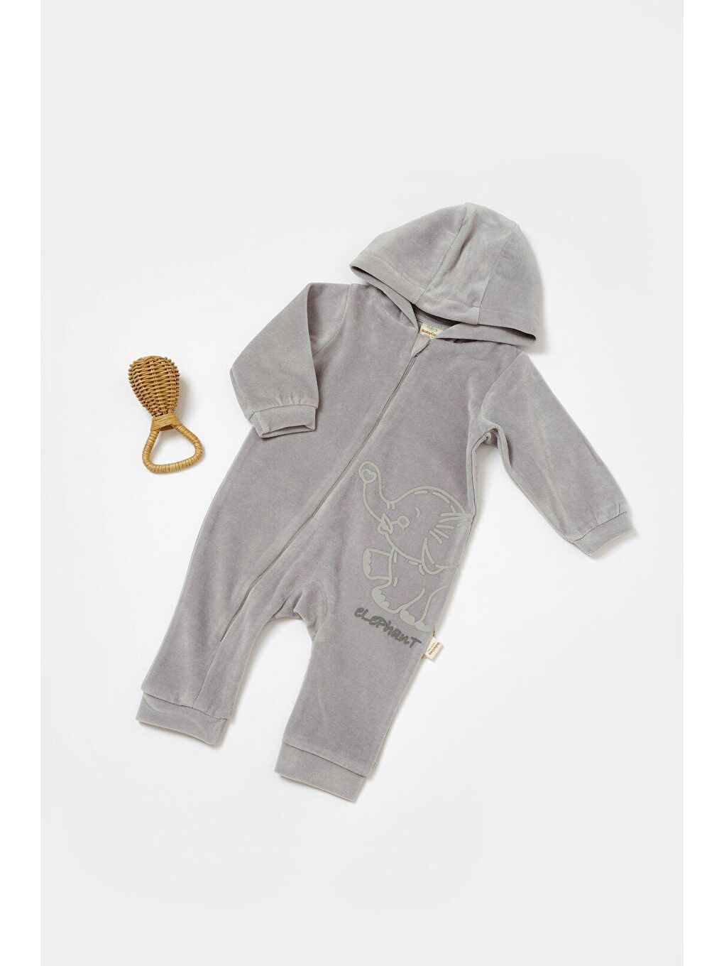 Gri Kadife Kapüşonlu Fermuarlı Tulum