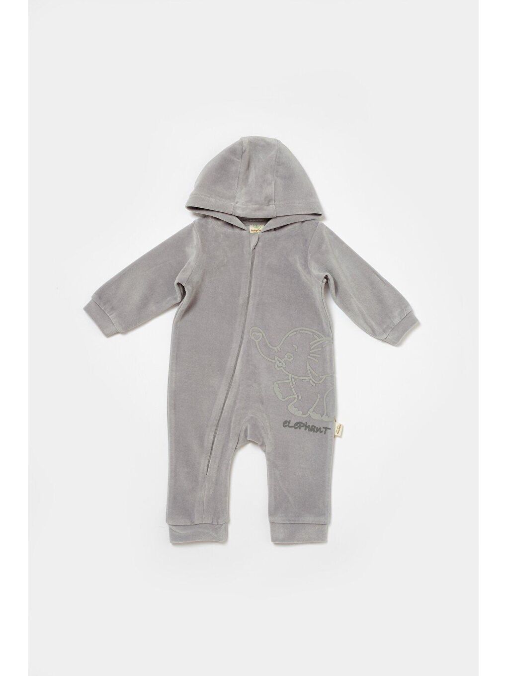 Gri Kadife Kapüşonlu Fermuarlı Tulum-1