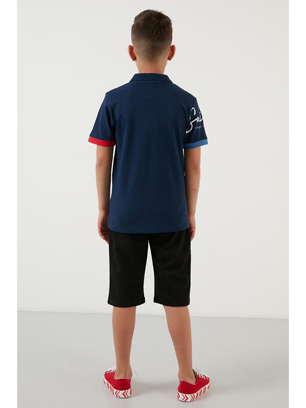 Lacivert Baskılı Elastik Bel Bantlı Polo Yaka % 100 Pamuk 2'li Alt-Üst Takım 59213423-4