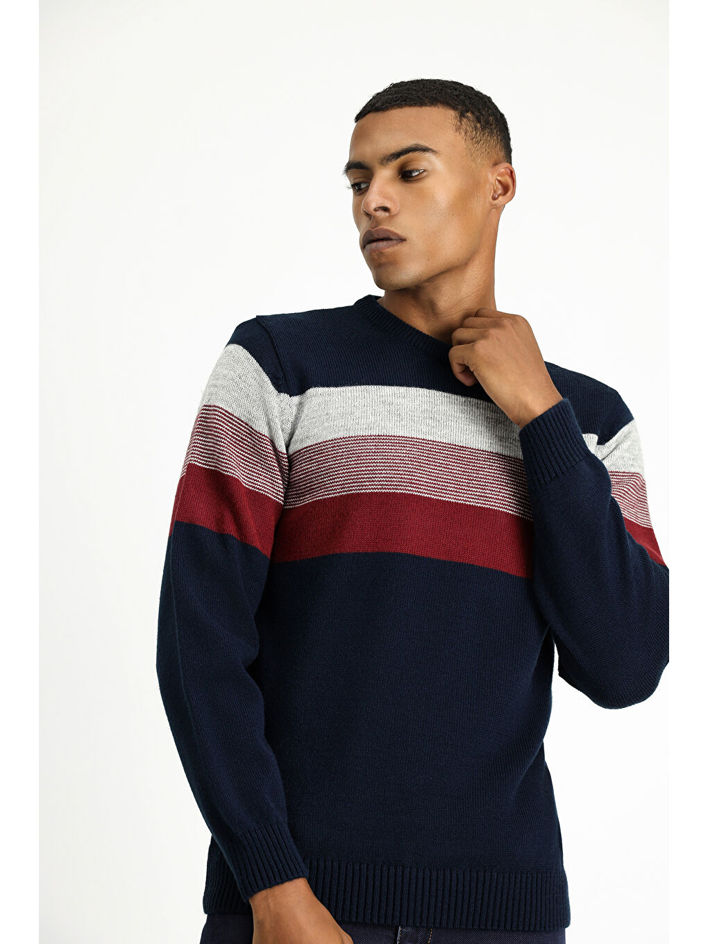 Lacivert Bisiklet Yaka Regular Fit Çizgili Triko Büyük Beden Kazak-2