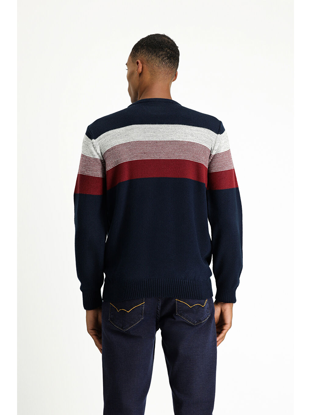 Lacivert Bisiklet Yaka Regular Fit Çizgili Triko Büyük Beden Kazak-3