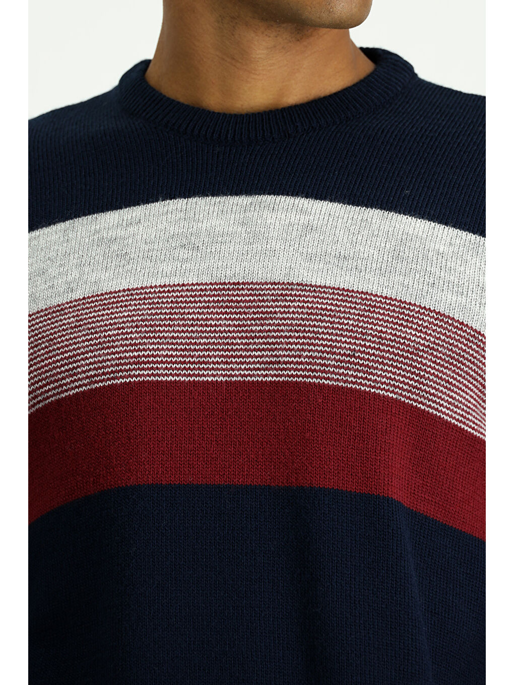 Lacivert Bisiklet Yaka Regular Fit Çizgili Triko Büyük Beden Kazak-4