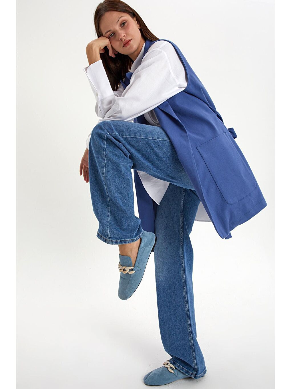 Mavi Pamuklu Ceket Yakalı Kuşaklı Uzun Klasik Yelek