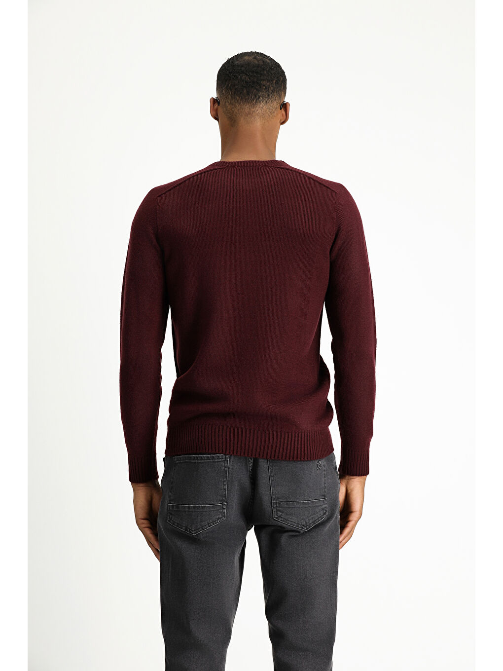 Bordo Bisiklet Yaka Regular Fit Dikişsiz Desenli Triko Kazak-4