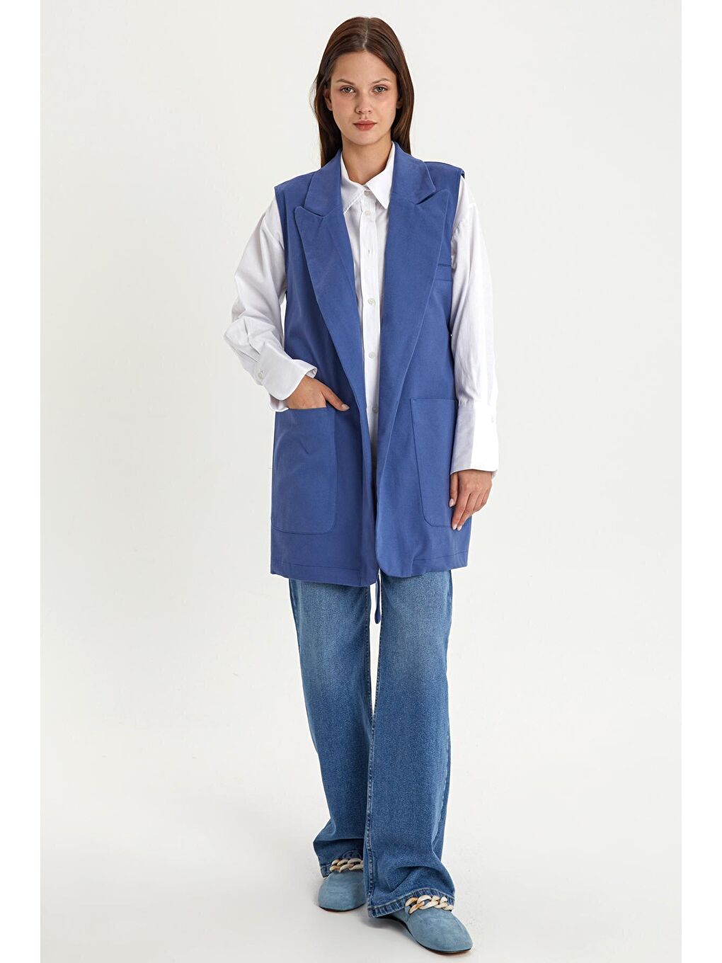 Mavi Pamuklu Ceket Yakalı Kuşaklı Uzun Klasik Yelek-1