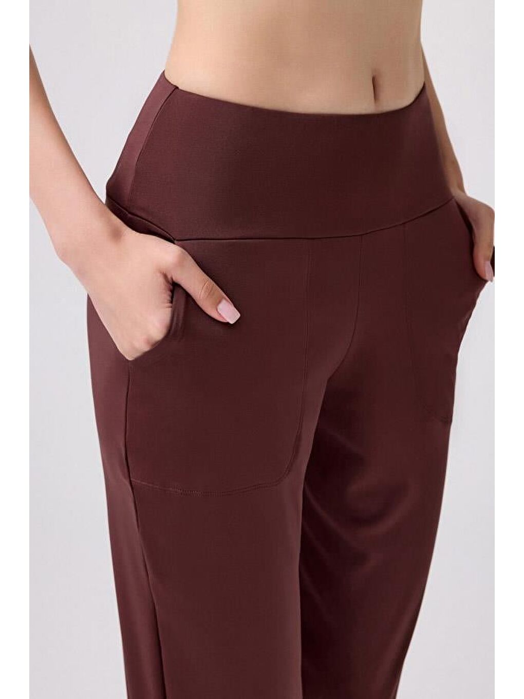 Kahverengi Yüksek Bel Çift Cepli Kadın Jogger Eşofman Altı-4