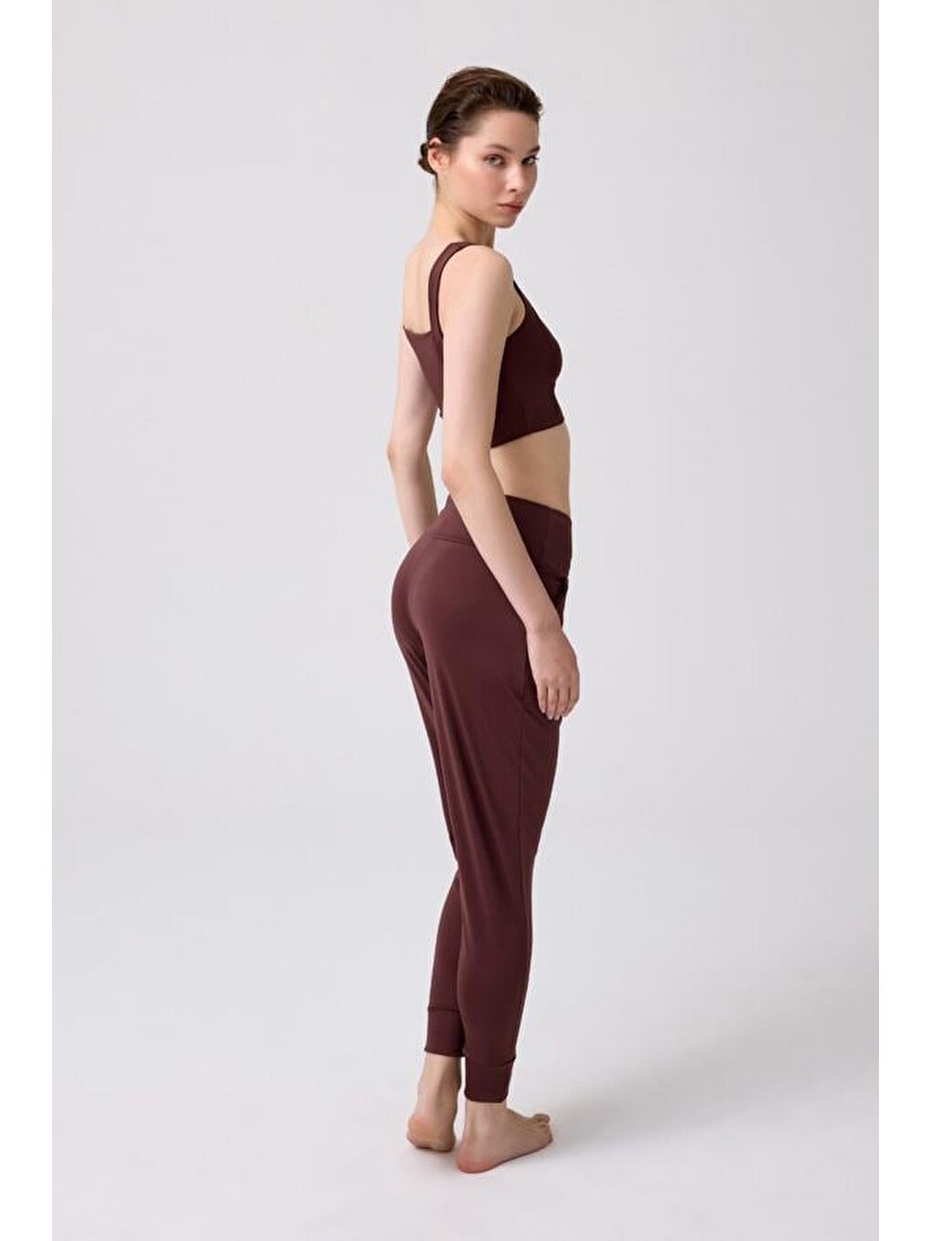 Kahverengi Yüksek Bel Çift Cepli Kadın Jogger Eşofman Altı-5