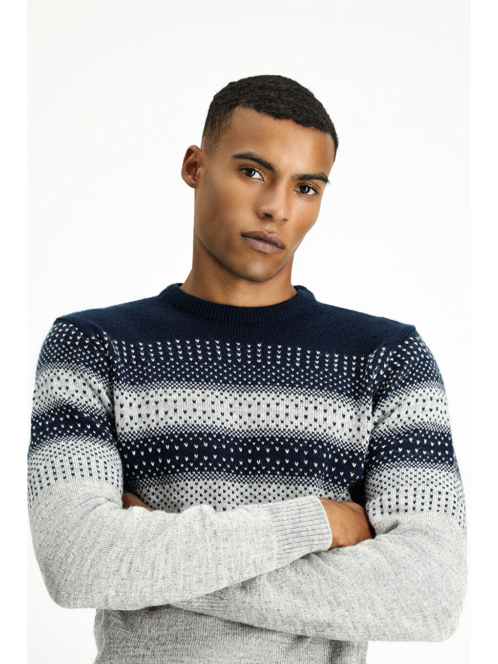 Gri Bisiklet Yaka Regular Fit Desenli Triko Büyük Beden Kazak-2