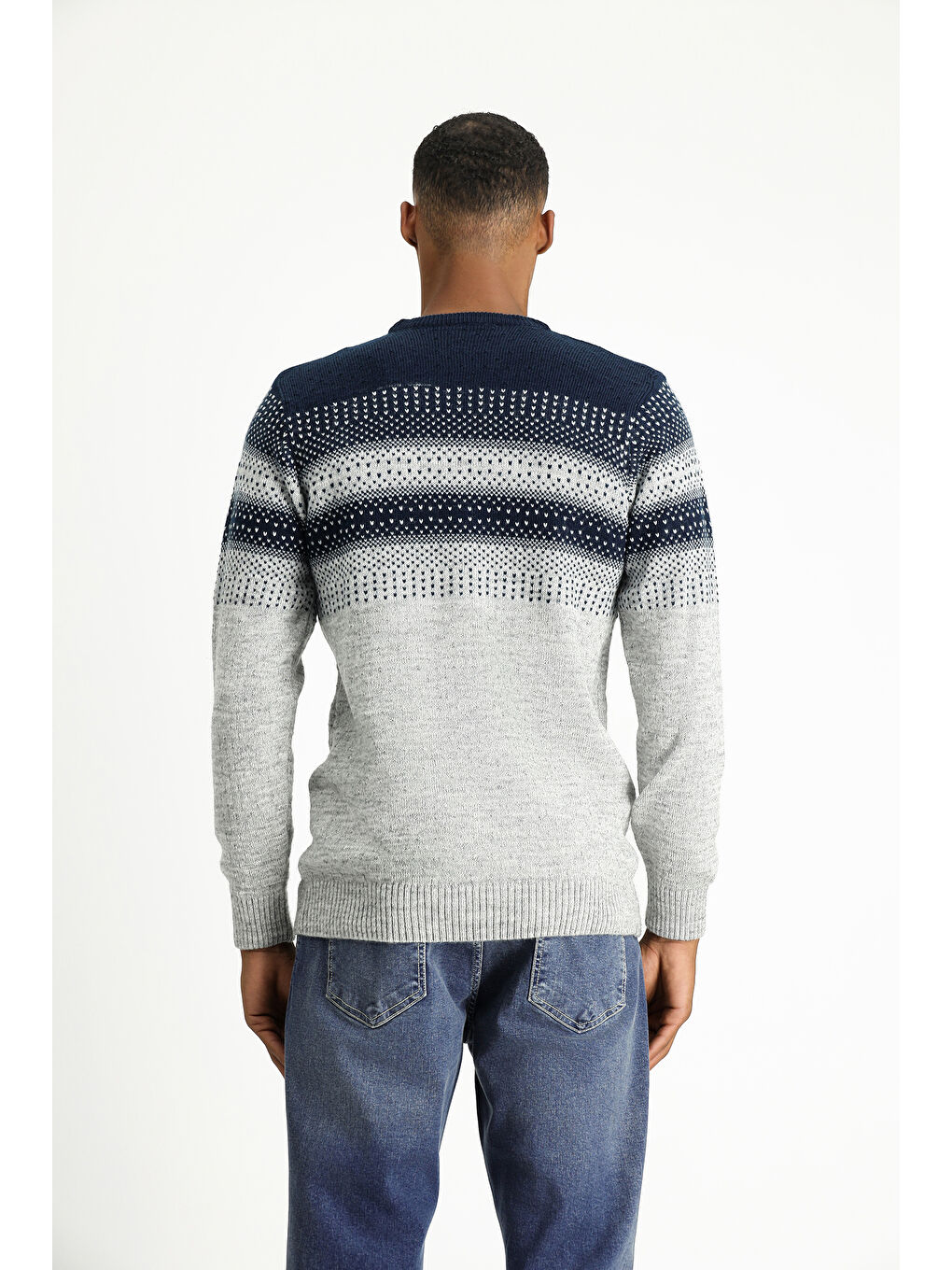 Gri Bisiklet Yaka Regular Fit Desenli Triko Büyük Beden Kazak-3