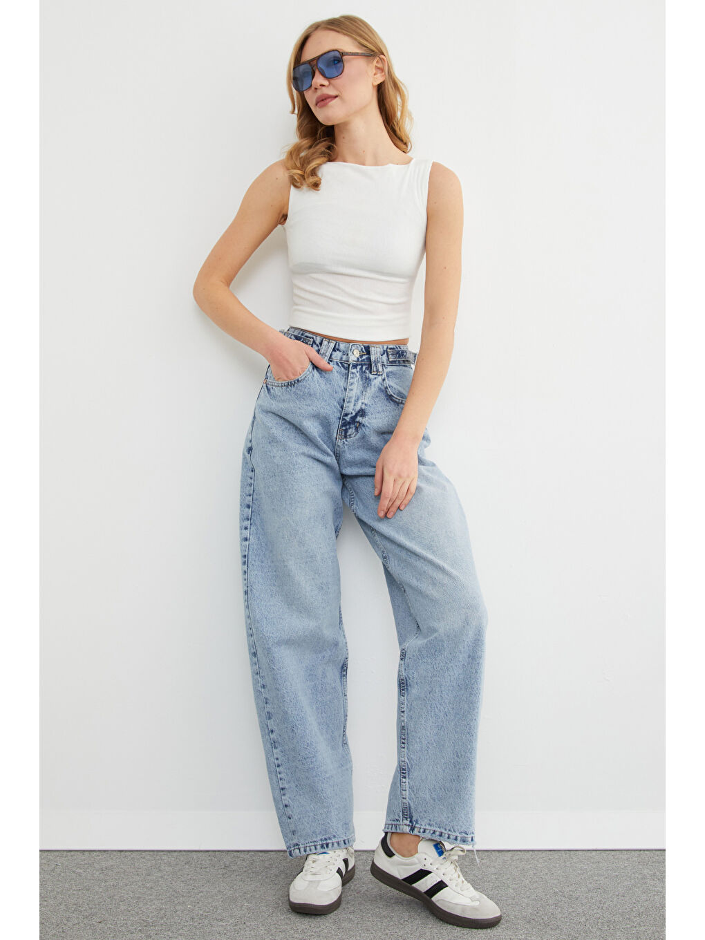 Mavi Beli Kemerli Fermuarlı Baggy Jean-2