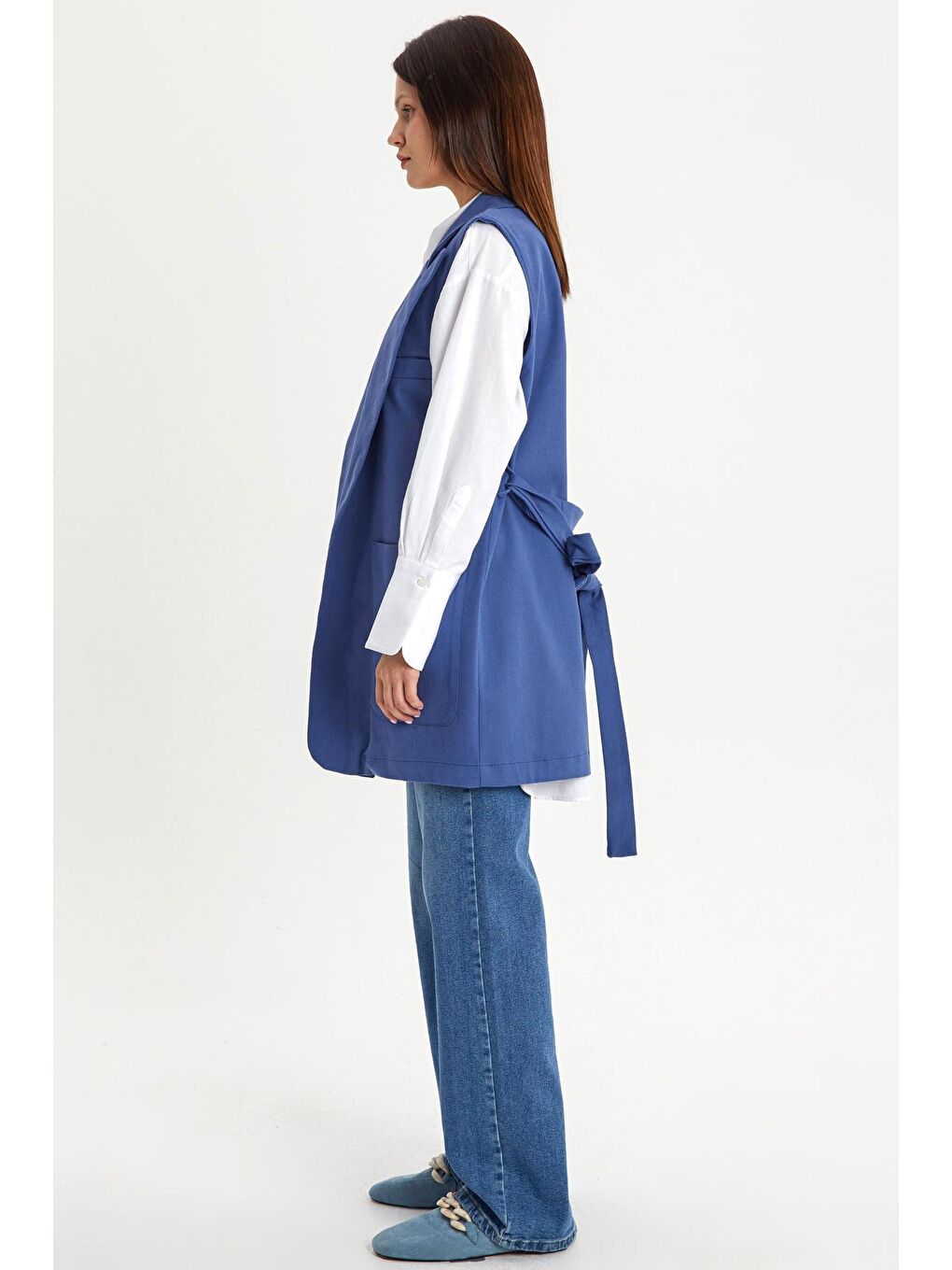 Mavi Pamuklu Ceket Yakalı Kuşaklı Uzun Klasik Yelek-2