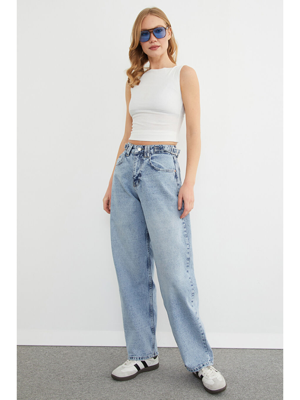 Mavi Beli Kemerli Fermuarlı Baggy Jean-3