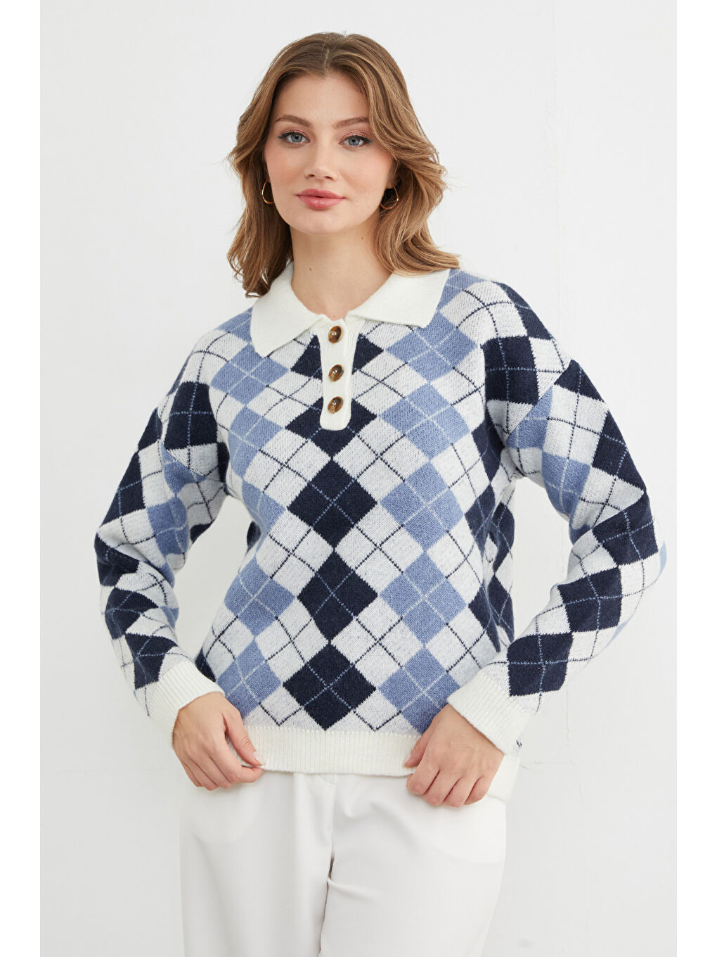 Lacivert Baklava Desenli Yarım Düğmeli Polo Yaka Triko Kazak