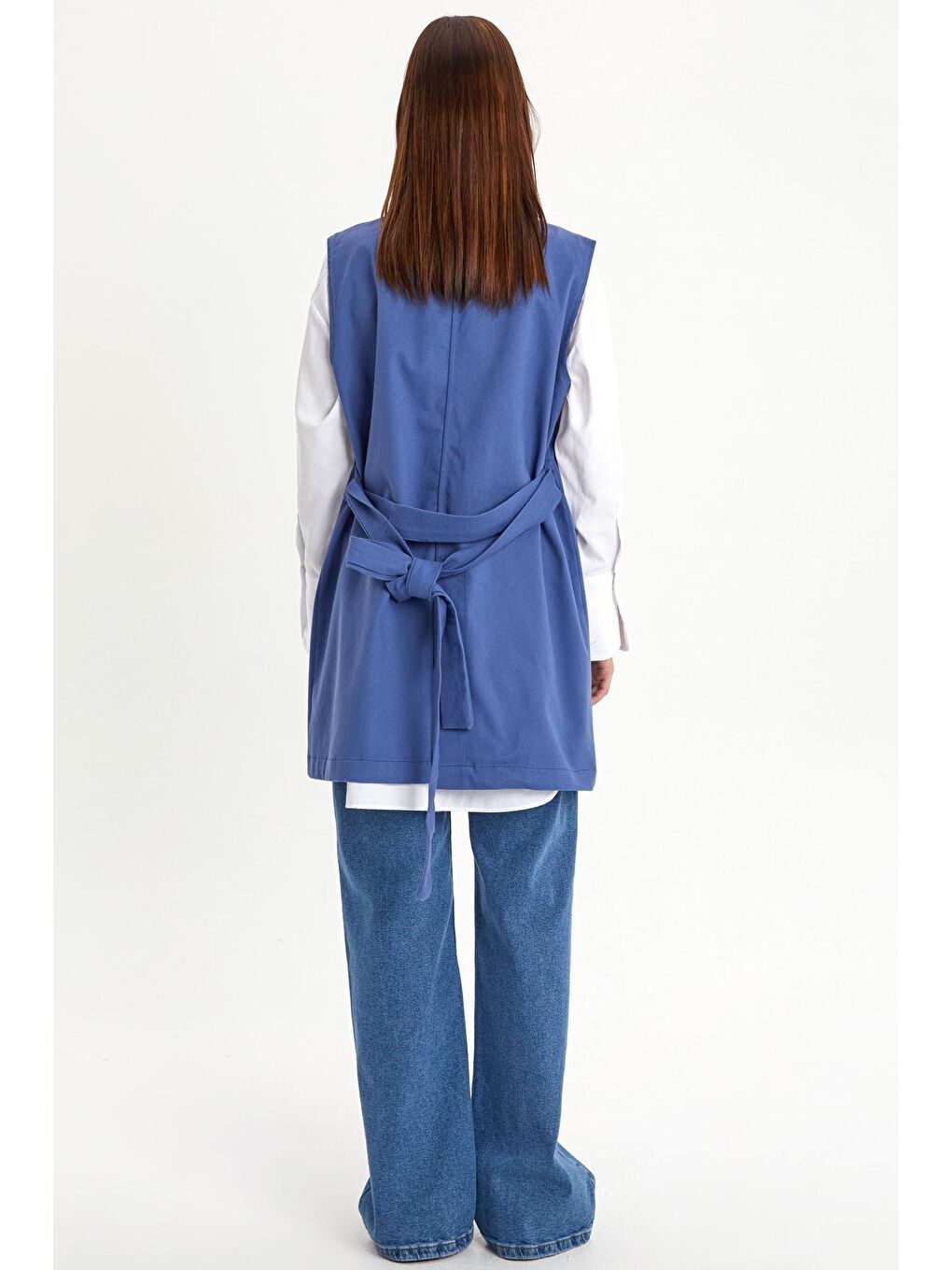 Mavi Pamuklu Ceket Yakalı Kuşaklı Uzun Klasik Yelek-3