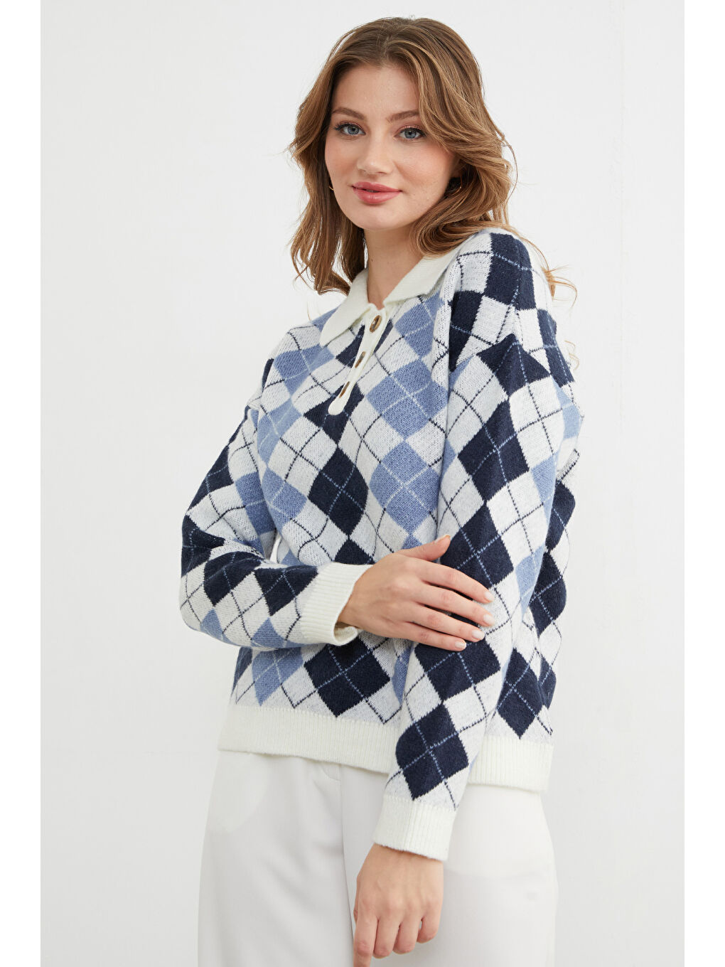 Lacivert Baklava Desenli Yarım Düğmeli Polo Yaka Triko Kazak-3