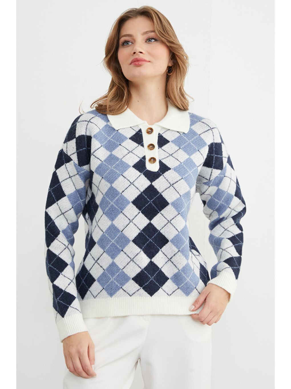 Lacivert Baklava Desenli Yarım Düğmeli Polo Yaka Triko Kazak-4