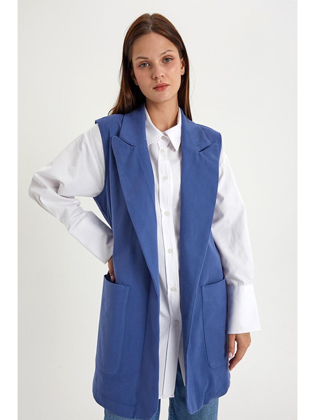 Mavi Pamuklu Ceket Yakalı Kuşaklı Uzun Klasik Yelek-4