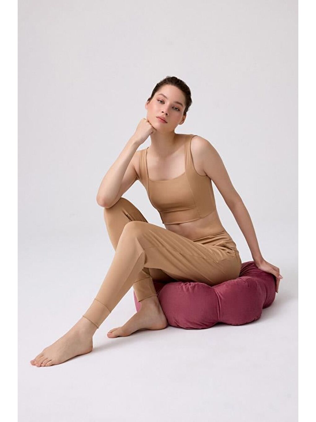 Sarı Bej Yüksek Bel Çift Cepli Kadın Jogger Eşofman Altı-6