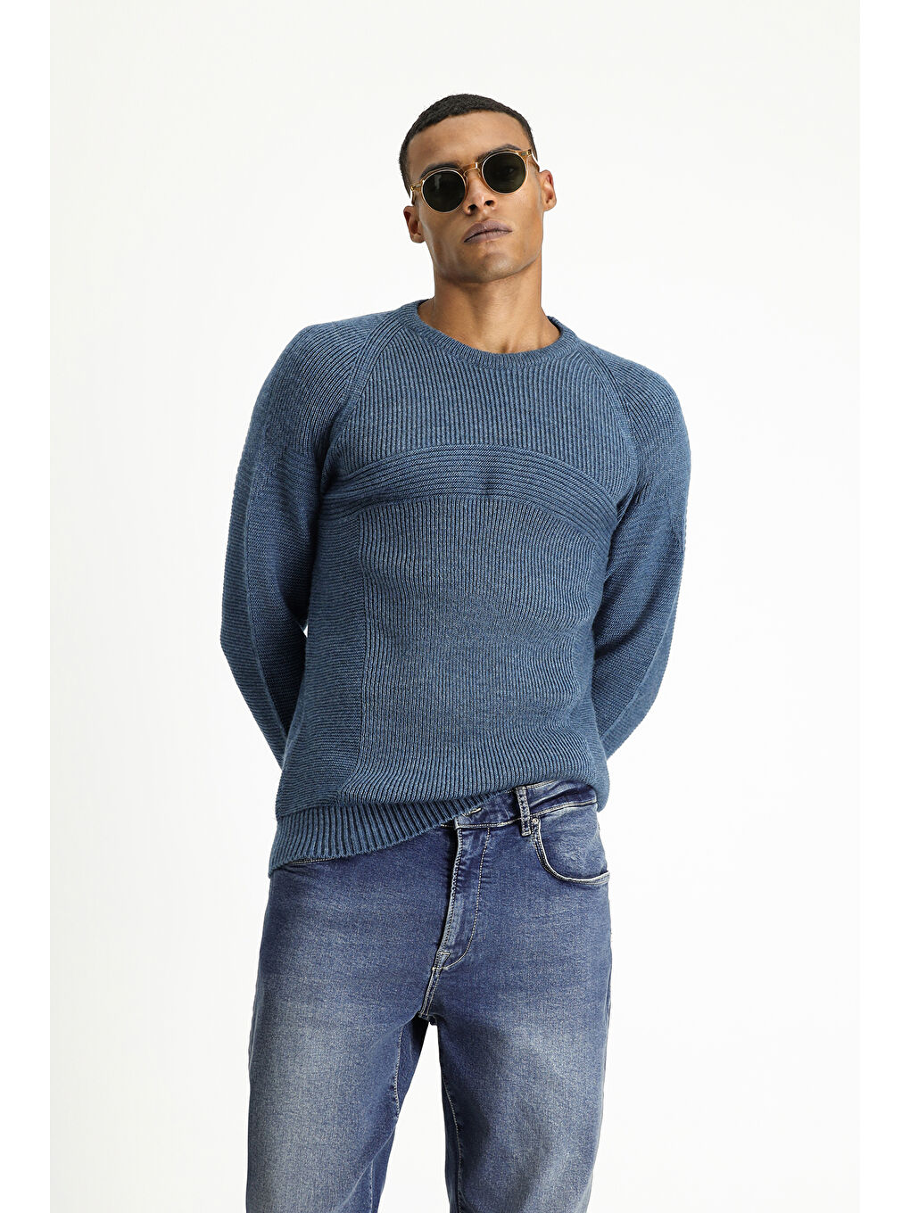 İndigo Bisiklet Yaka Regular Fit Dikişsiz Desenli Triko Kazak-3