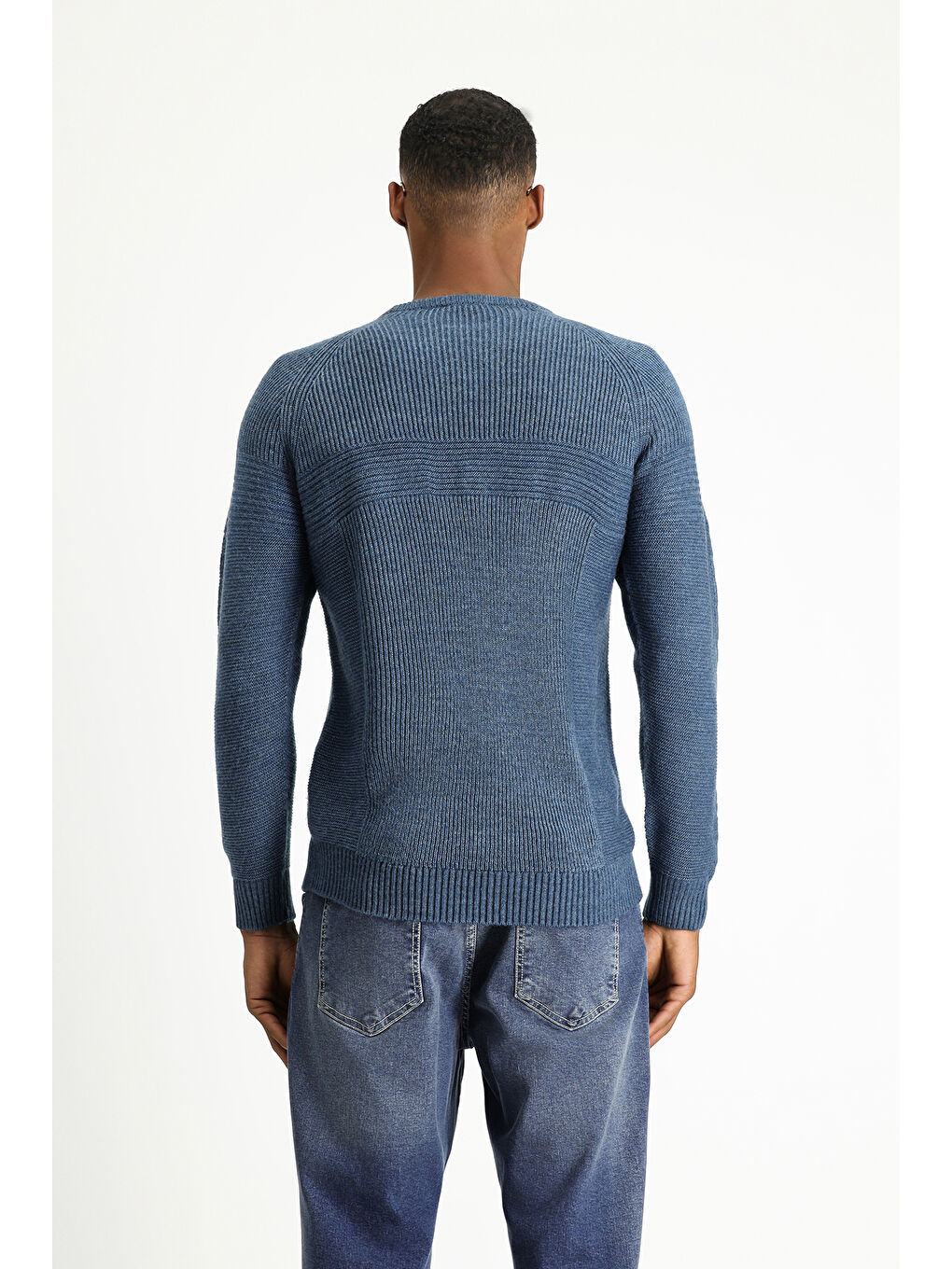 İndigo Bisiklet Yaka Regular Fit Dikişsiz Desenli Triko Kazak-5