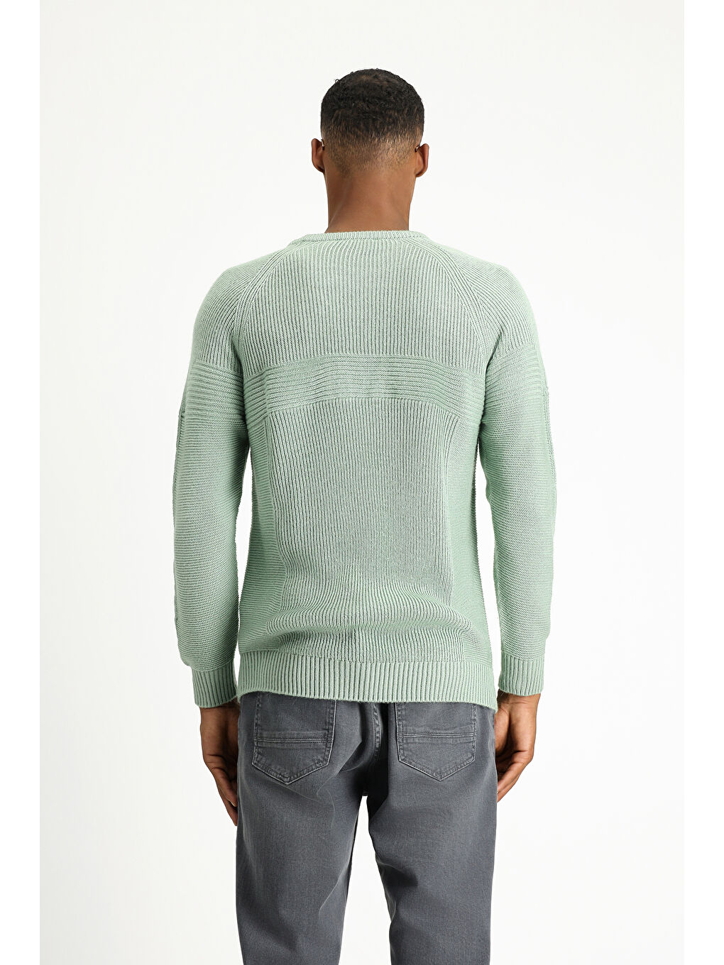 Yeşil Bisiklet Yaka Regular Fit Dikişsiz Desenli Triko Kazak-4