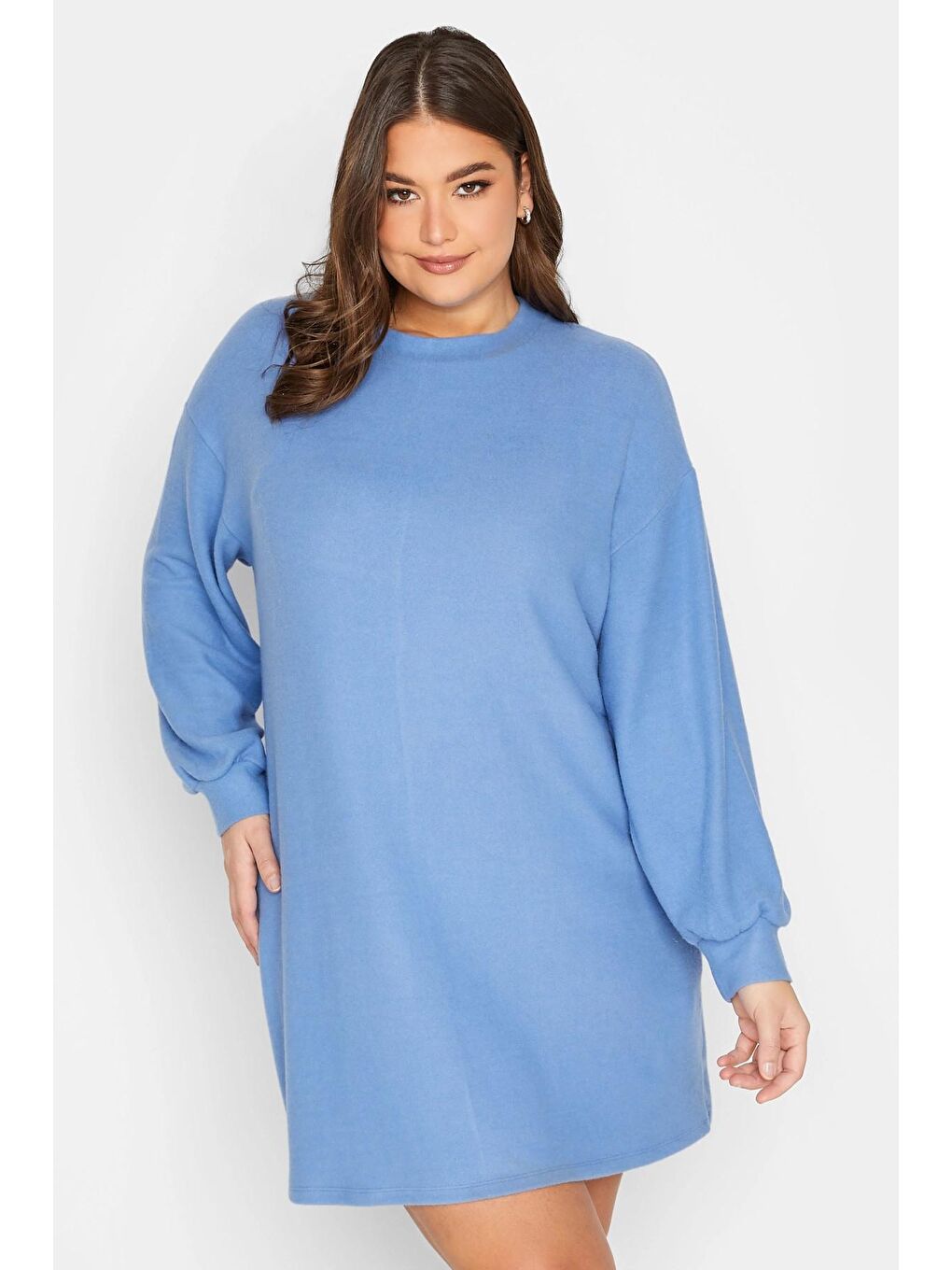 Mavi Büyük Beden Elastanlı Uzun Kollu Yuvarlak Yaka Polar Mini Elbise 301738