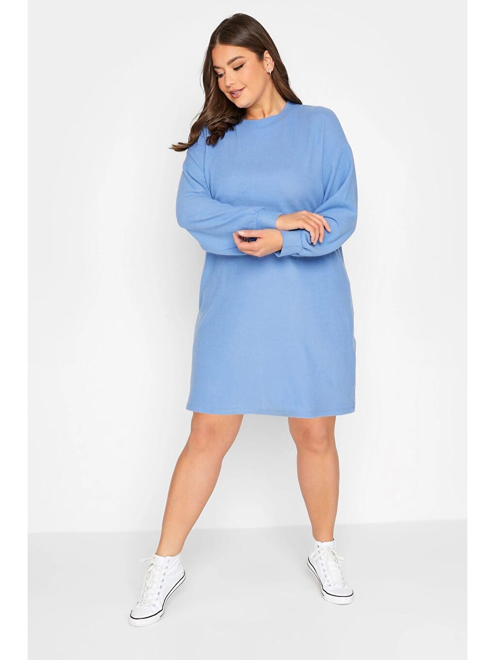 Mavi Büyük Beden Elastanlı Uzun Kollu Yuvarlak Yaka Polar Mini Elbise 301738-1