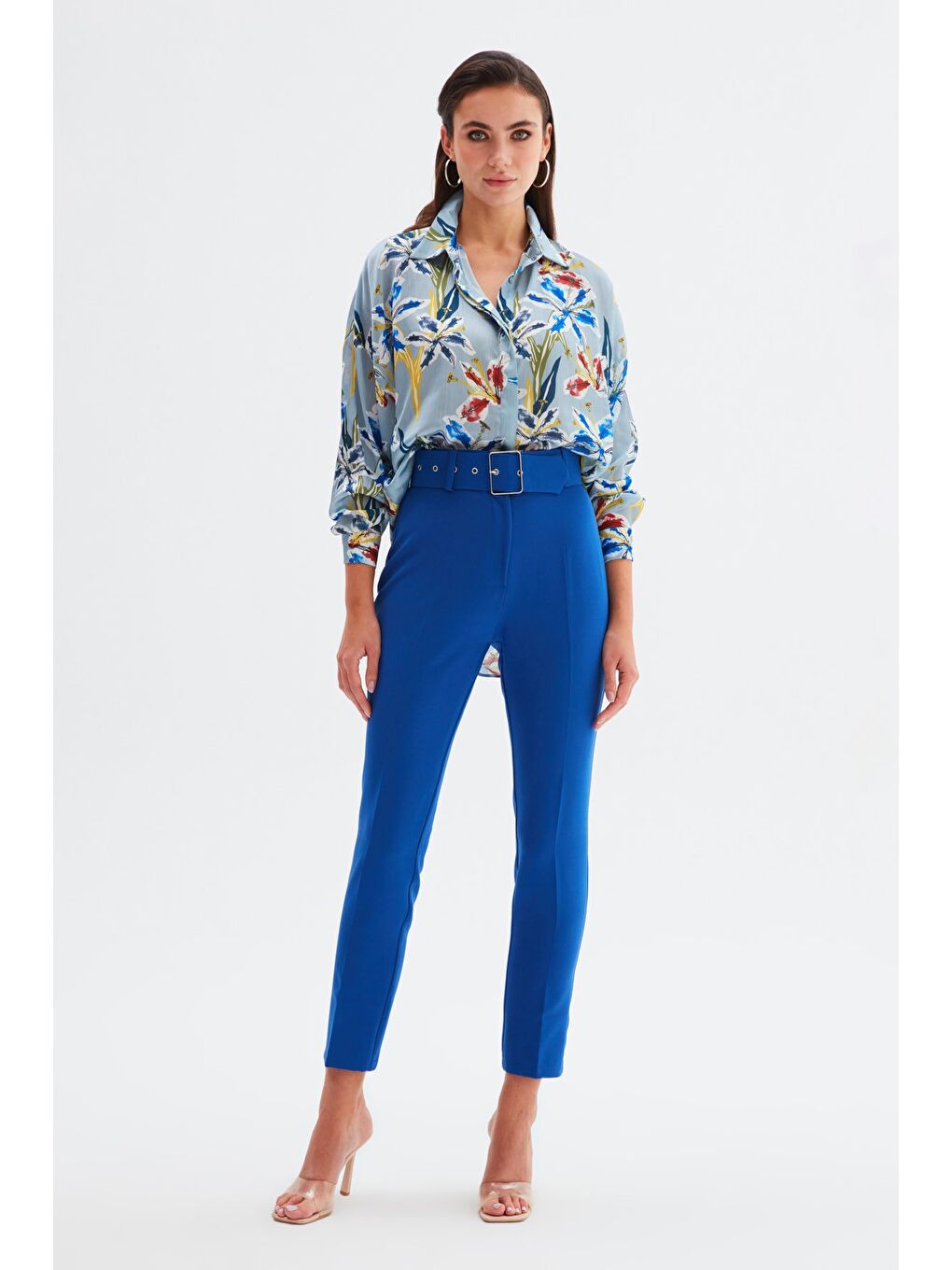 Yüksek Bel Kemerli Pantolon - İndigo-1