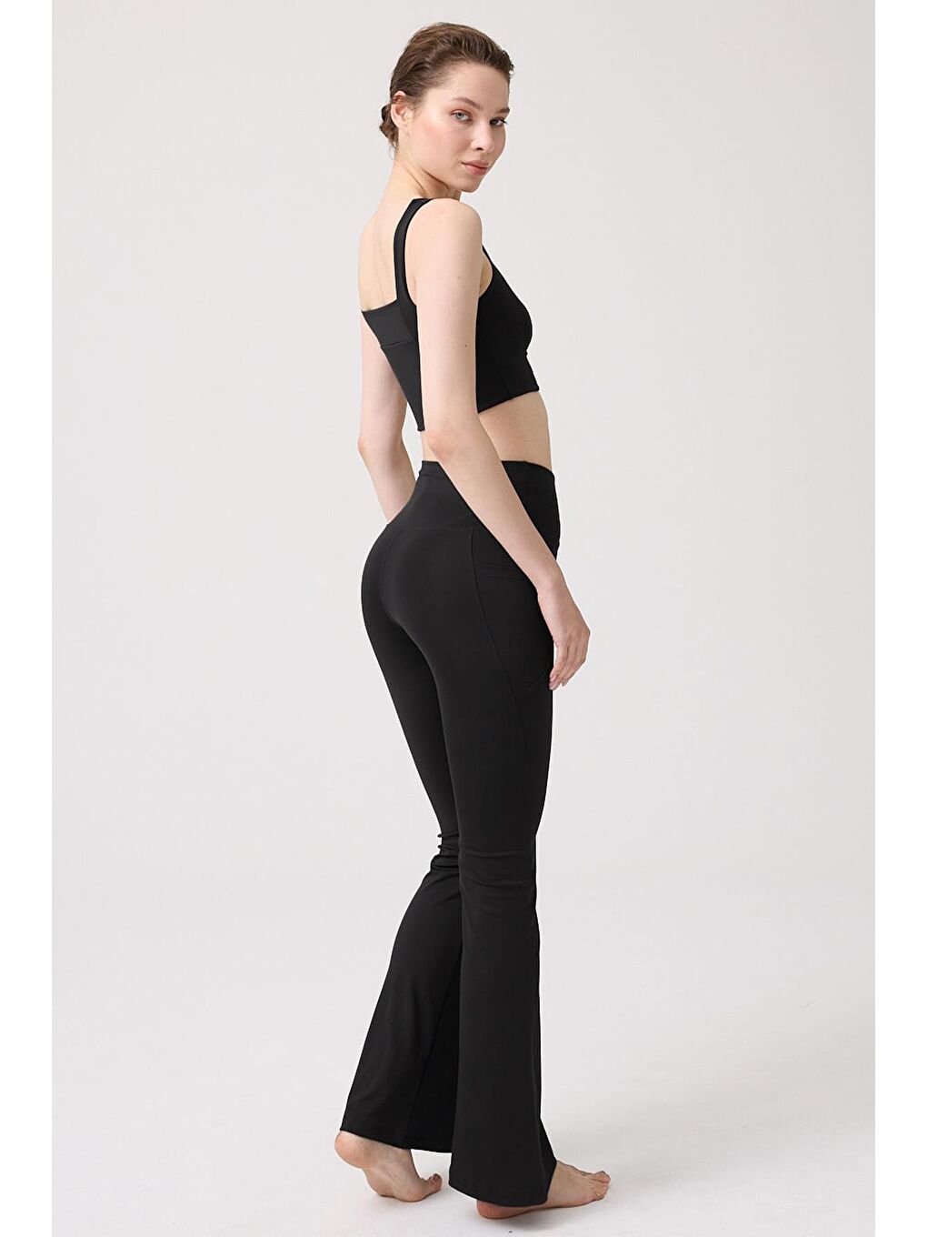 Siyah Şardonlu Yüksek Bel İspanyol Paça Kadın Tayt-6