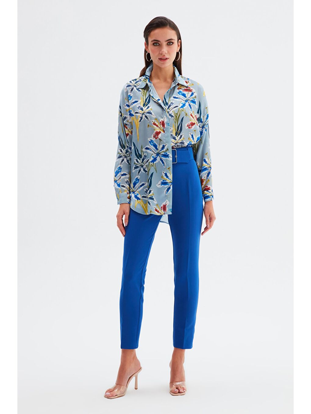 Yüksek Bel Kemerli Pantolon - İndigo-3