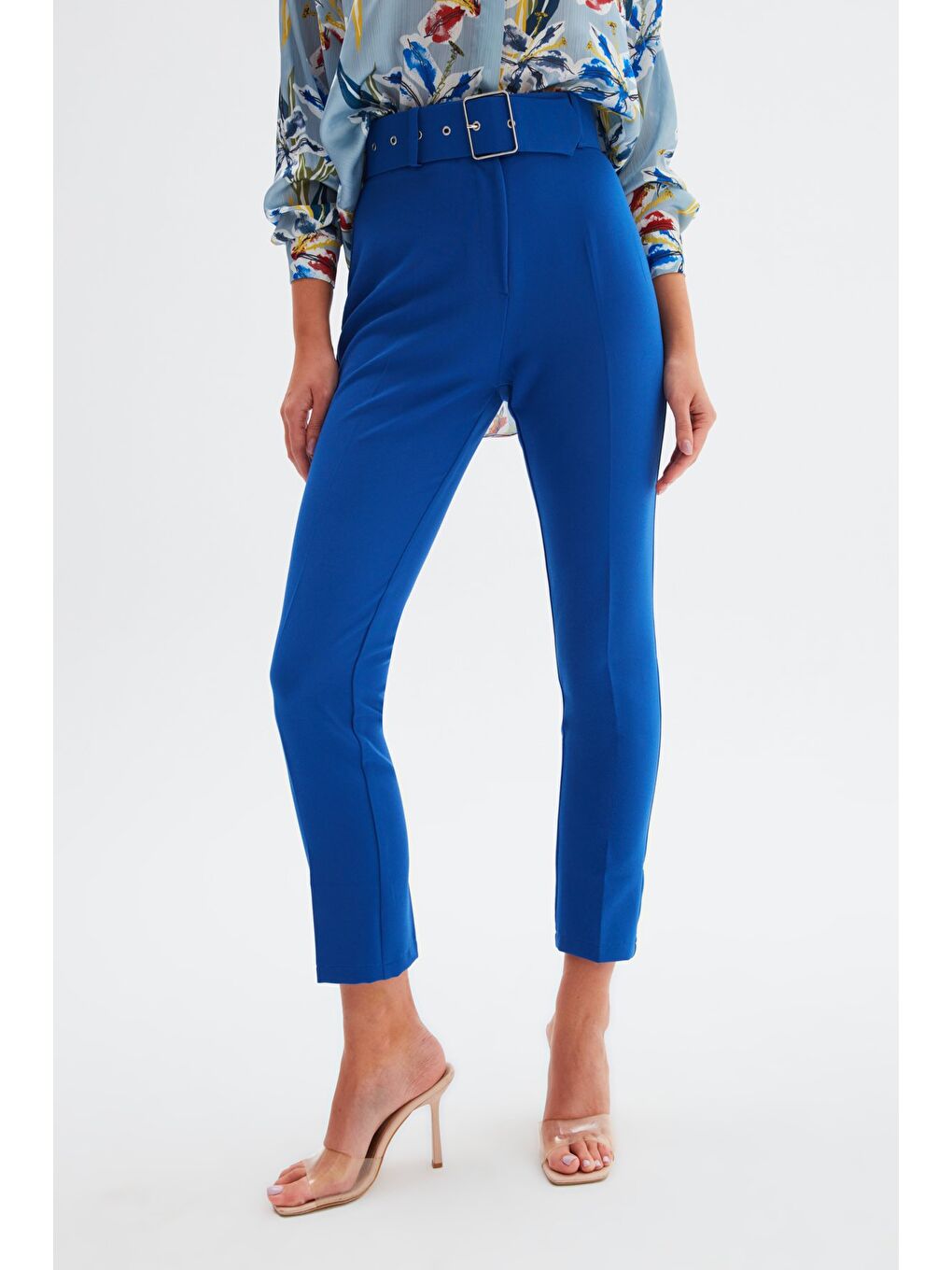 Yüksek Bel Kemerli Pantolon - İndigo-4