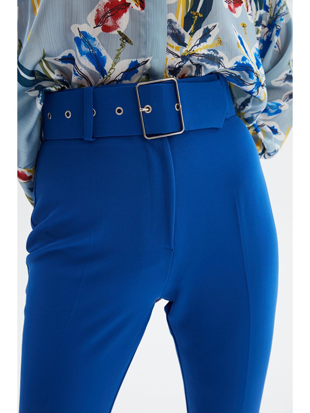 Yüksek Bel Kemerli Pantolon - İndigo-5