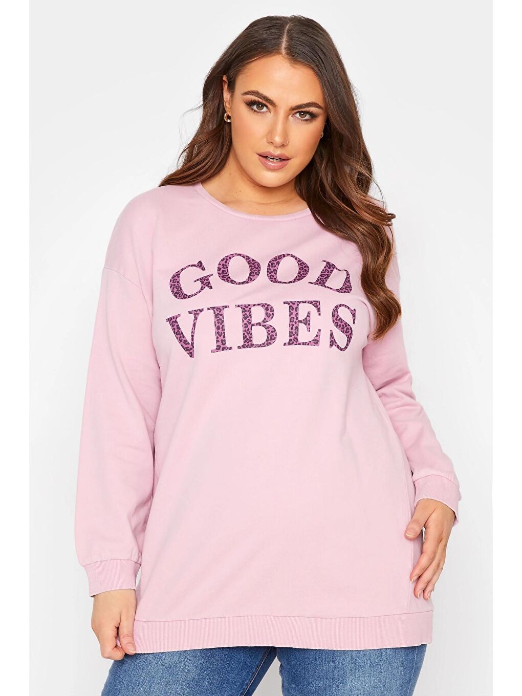 Pembe Büyük Beden Yazı Baskılı Bisiklet Yaka Sweatshirt 173598