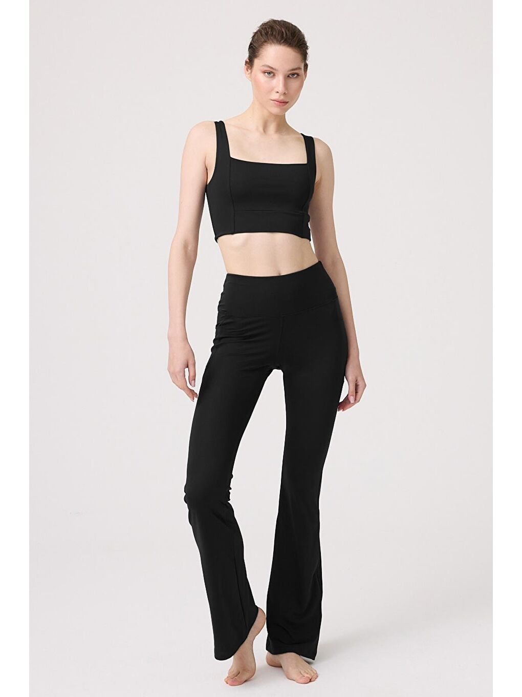 Siyah Şardonlu Yüksek Bel İspanyol Paça Kadın Tayt-7