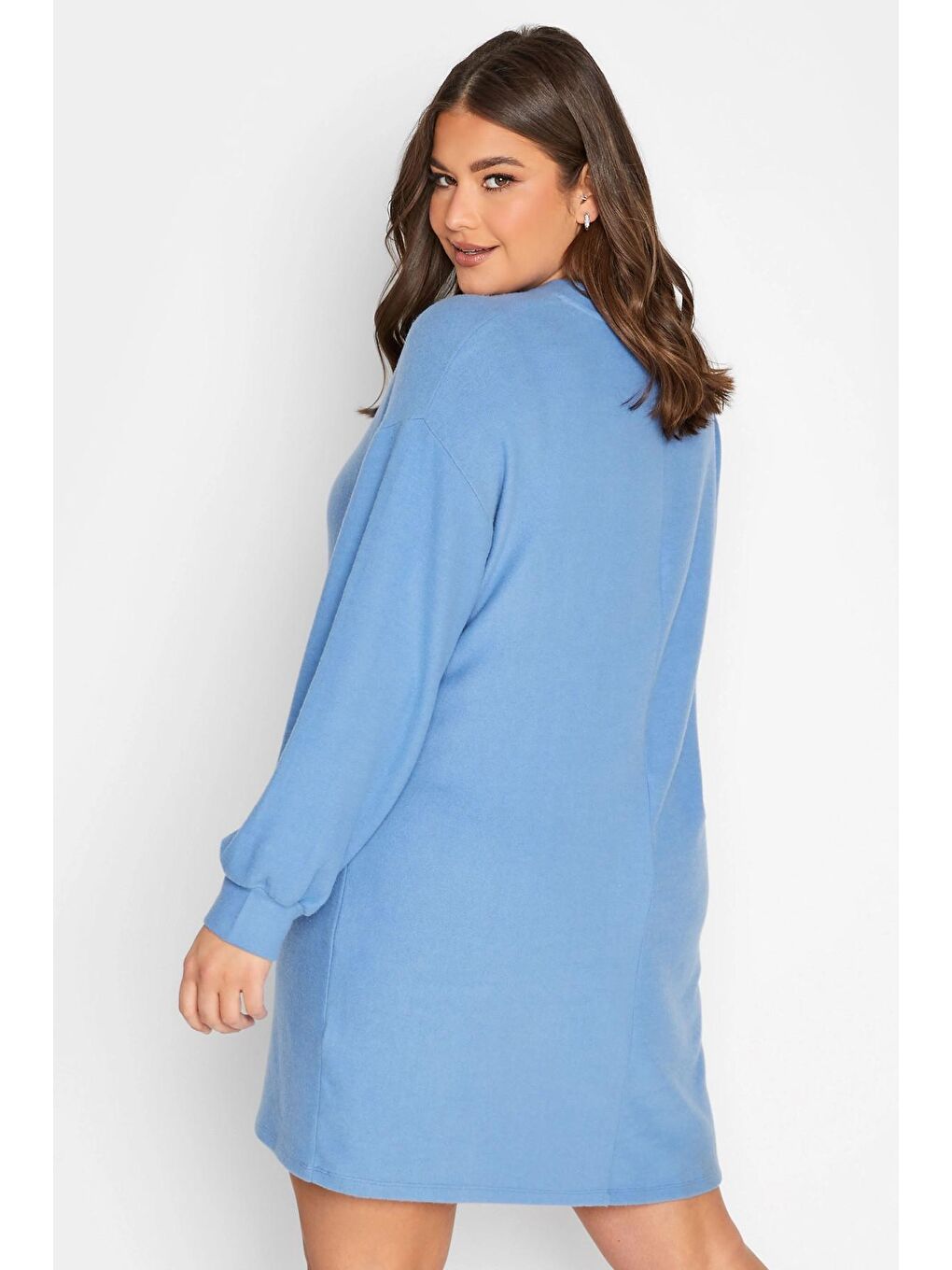 Mavi Büyük Beden Elastanlı Uzun Kollu Yuvarlak Yaka Polar Mini Elbise 301738-3