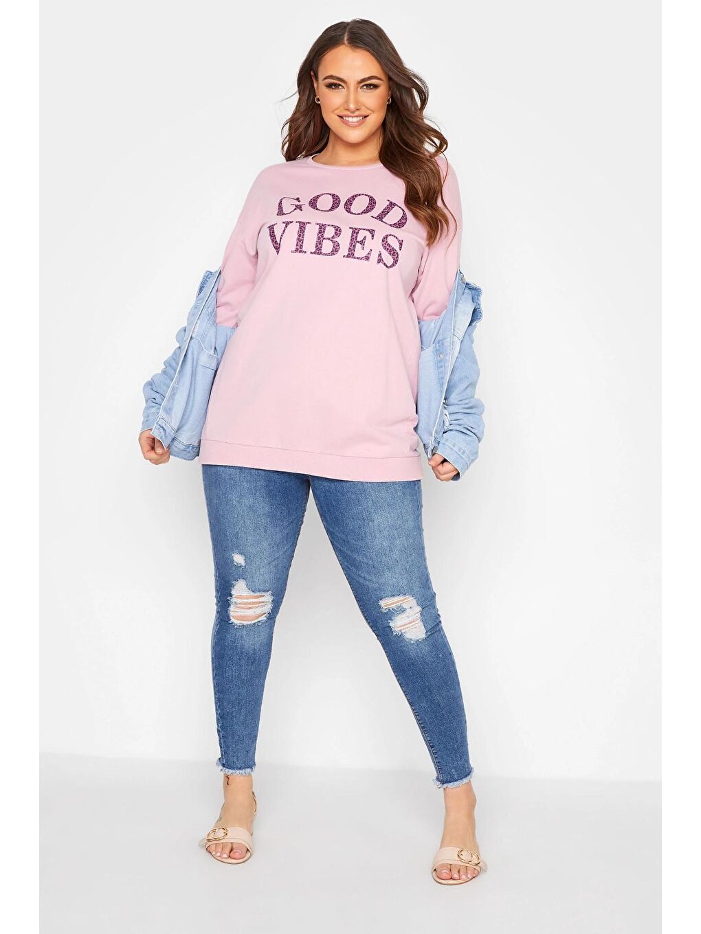 Pembe Büyük Beden Yazı Baskılı Bisiklet Yaka Sweatshirt 173598-1